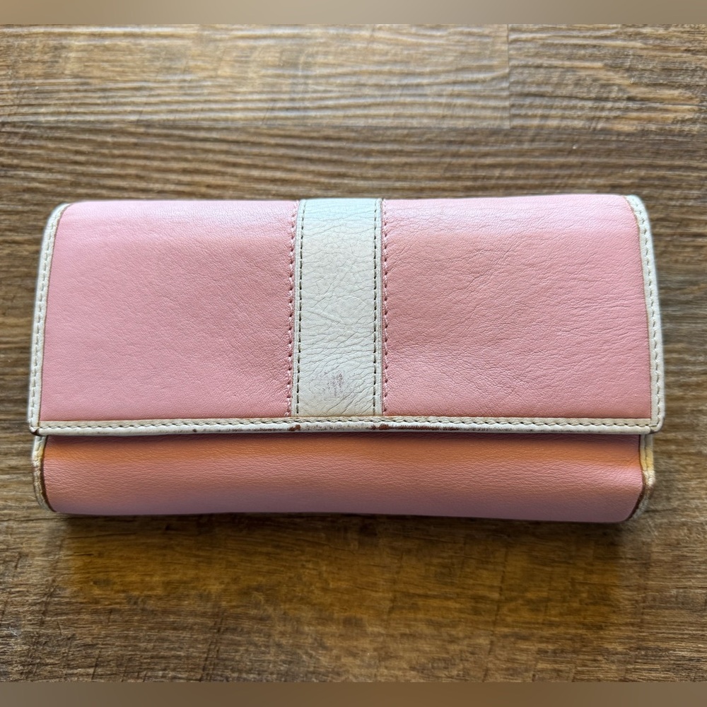 Coach Trifold Leather Wallet in Baby Pink and White With Bright Pink Checkbook